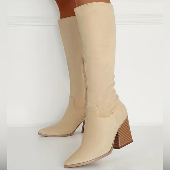Women’s chunky heeled knee-high boots. Color: Beige Size: 11 - Picture 3 of 3